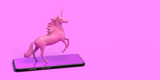 Pink unicorn on a smartphone. Banner. Abstract. 3D illustration.