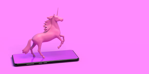 Pink unicorn on a smartphone. Banner. Abstract. 3D illustration. Pink unicorn on a smartphone. Banner. Abstract. 3D illustration. mobile sculpture stock pictures, royalty-free photos & images
