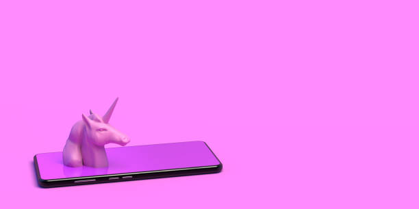 istock Pink unicorn head on a smartphone. Banner. Abstract. 3D illustration. 1297995568