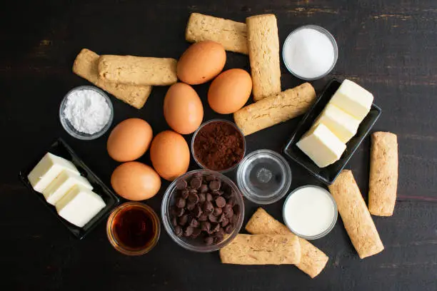 Chocolate, cocoa powder, biscotti, and other dessert ingredients