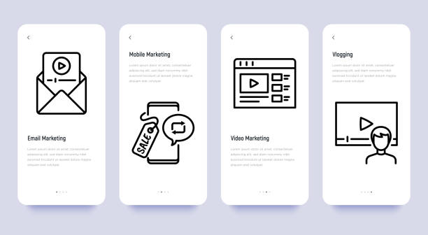 細い線のアイコンを持つビジネスマーケティングモバイルユーザーインターフェイス:ソーシャルメディア、電子メールマーケティング、ブログ、ビデオマーケティング。ベクトルイラストレ - sharing mobile phone application software e mail点のイラスト素材／クリップアート素材／マンガ素材／アイコン素材
