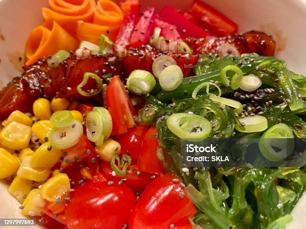 Fresh Delicious Health Hawaiian Poke Bowl Stock Photo - Download Image Now - Appetizer, Avocado, Bowl