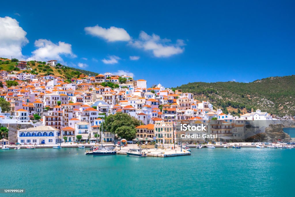 View of town and port at the island Skopelos, northern Sporades, Greece Greece Stock Photo