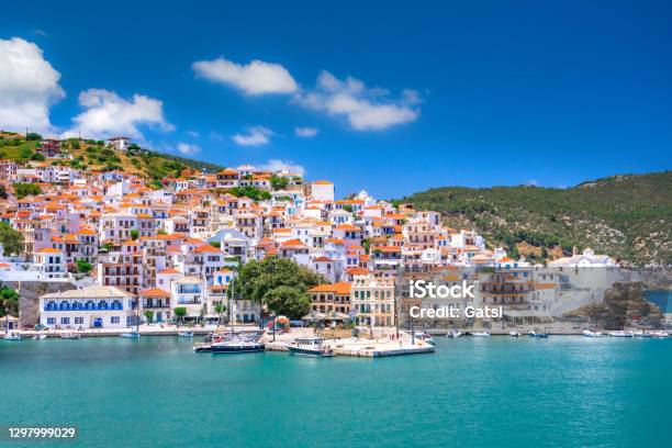 View Of Town And Port At The Island Skopelos Northern Sporades Greece Stock Photo - Download Image Now