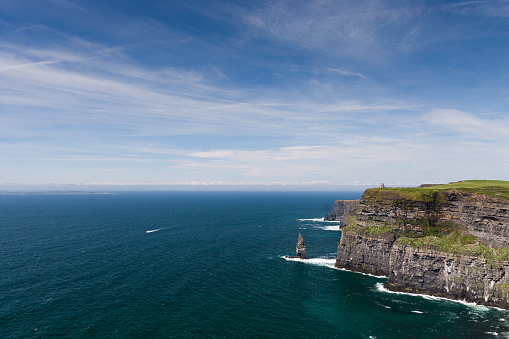 Photo capture of a breathtaking natural nature landscape. Cliffs of moher with O'brien's tower and Aran Islands, wild atlantic way. Ireland.