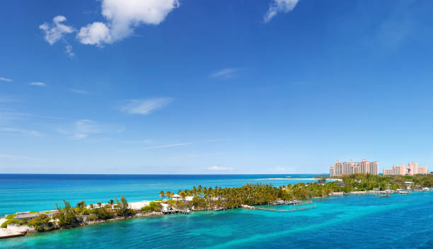 Tropical paradise resort View of Paradise Island in Nassau, Bahamas. paradise island bahamas stock pictures, royalty-free photos & images