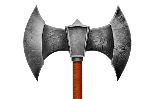 Isolated 3d render illustration of viking two-sided steel axe on white background front view.