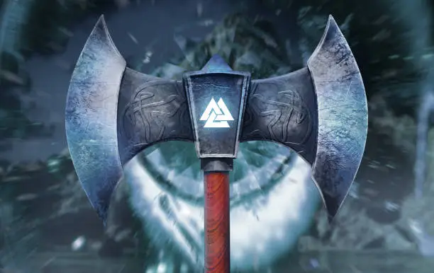 3d render illustration of frozen viking axe with glowing Valknut symbol front view.