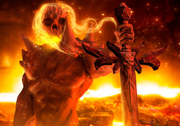 3d rendered image of demon prince with flame hair and skeleton head holding a skull engraved sword horizontal view on hellish background.