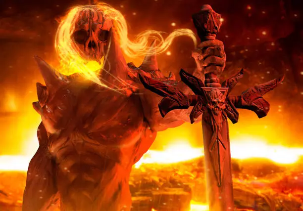 Photo of #d render of skeleton head demon holding a skull engraved sword horizontal view on hellish background.