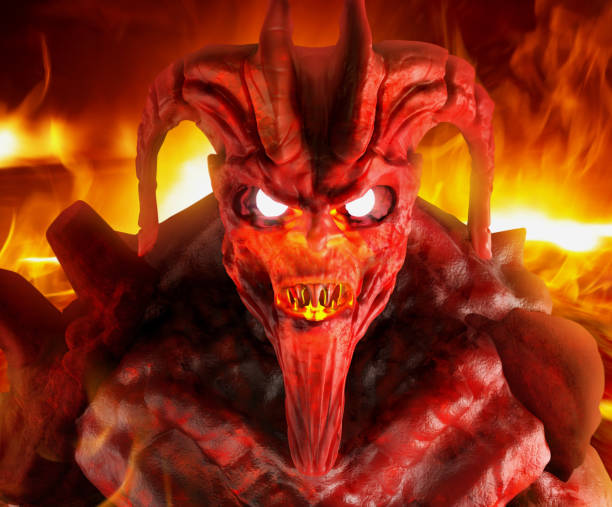 istock 3d image of hellish demon creature face with glowing eyes close-up. 1298002164