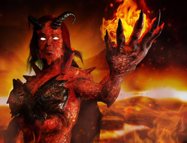 istock 3d image of hellish demon goddess standing and casting fire spell. 1298002176