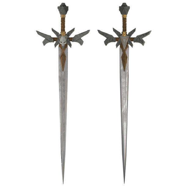 istock Isolated 3d render of a demon styled hellish metal sword front and back view. 1298002203