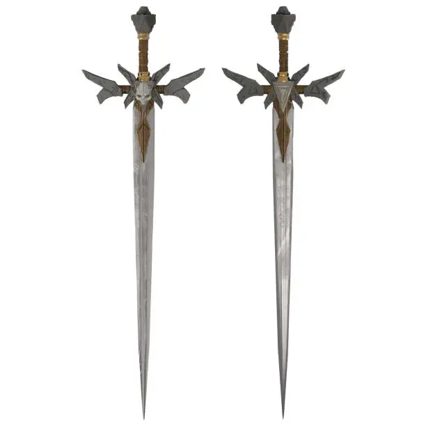 Photo of Isolated 3d render of a demon styled hellish metal sword front and back view.