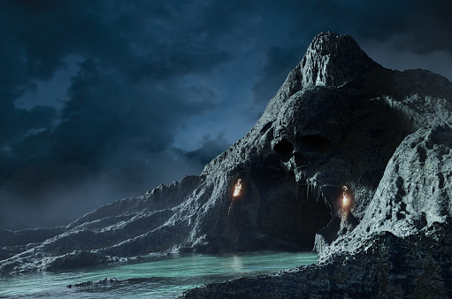 3d render illustration of sea skull cave with hills and torches side view.