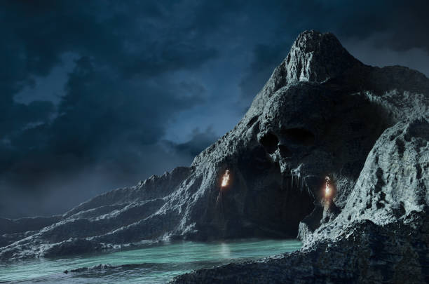 Horror 3d render illustration of sea skull cave. stock photo