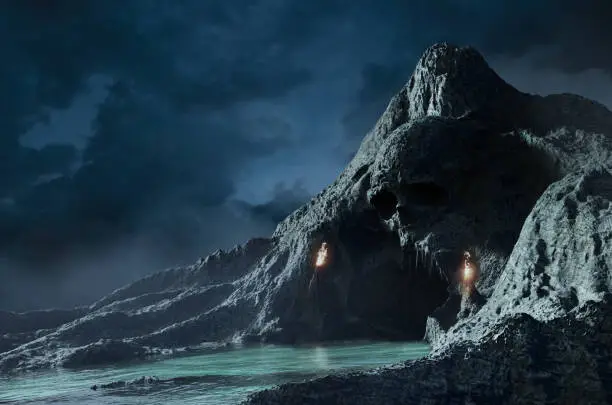 Photo of Horror 3d render illustration of sea skull cave.