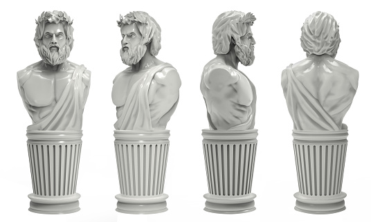 3d render image illustration of a greek male marble bust statue in different angles.