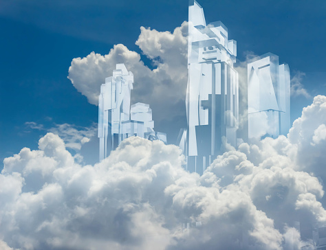 3d image of a crystal build transparent glass skycrapers flying in flyffy clouds blue background.