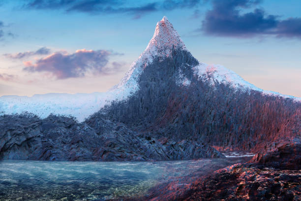 3d render illustration of early morning mountain and water stream.