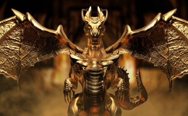 istock 3d render illustration of golden dragon fantasy creature. 1298002382