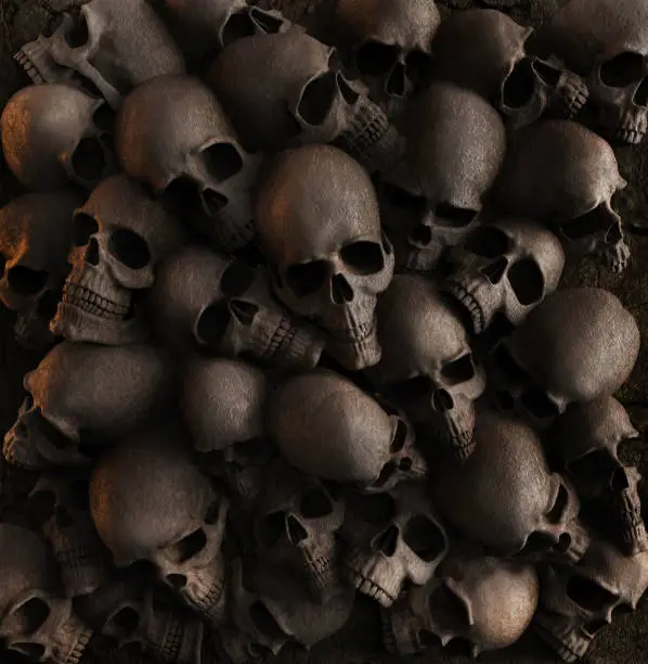 3d render backdrop image illustration of wall made of skulls.