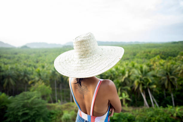 (foco seletivo) vista deslumbrante de uma garota com um grande chapéu de palha admirando a floresta de palmeiras é siargao, filipinas. - asian ethnicity philippines women beauty - fotografias e filmes do acervo