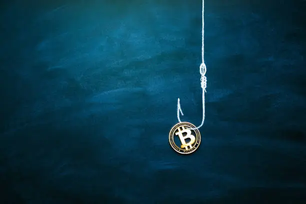 Bitcoin as a bait. Blockchain cryptocurrency trap. Free money concept. Bitcoin on the hook. Copy space