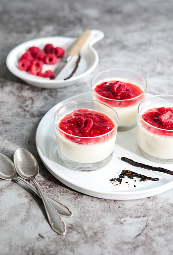 Panna Cotta Dessert glasses with raspberry sauce and vanilla