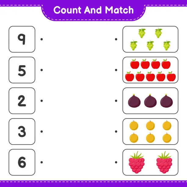 Vector illustration of Count and match, count the number of Fruits and match with right numbers. Educational children game, printable worksheet, vector illustration