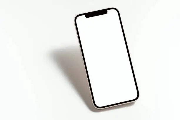 Blank white screen smart phone mockup, template with clipping path on white background, hovering.