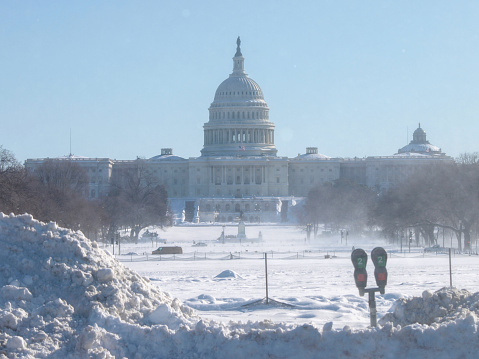 Snow blows across the National Mall and the U.S. Capitol building, Washington DC, February 2010.
