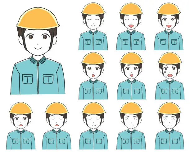 Vector illustration of Worker yellow helmet male facial expression variation