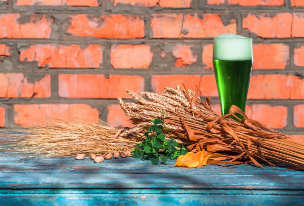 cerveza verde para el día de san patricio - mug beer barley wheat fotografías e imágenes de stock