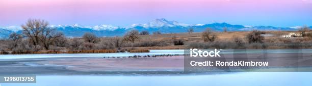 Panorama Of Longs Peak From St Vrain State Park Colorado Stock Photo - Download Image Now