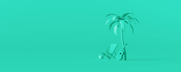 Beach chair and guitar under a palm tree on green background. Creative minimal summer concept idea 3D Render