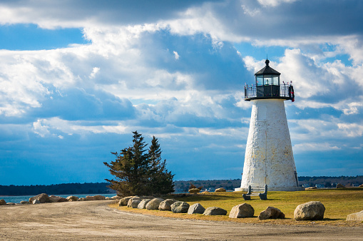 Ned's Point Lighthouse in Mattapoisett, Massachusetts was built in 1838. Designed to use eleven whale oil lamps, it was converted to a fresnel lens in 1857.  It continues to operate today
