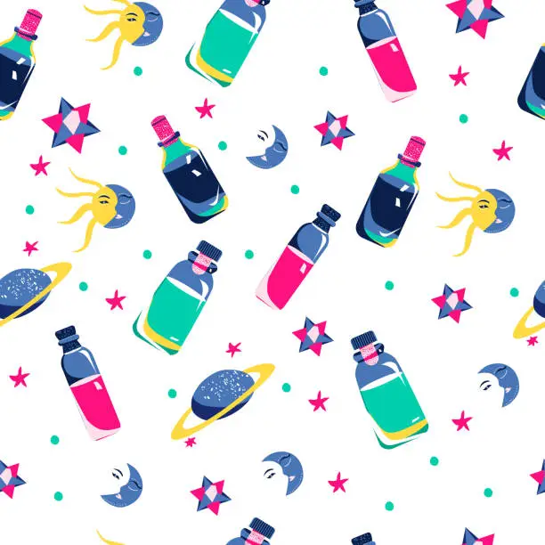 Vector illustration of Magic elixirs seamless pattern.Love potions in glass vials with corks.Night and day,space symbols,saturn planet, 3d stars.Spell and witchcraft.