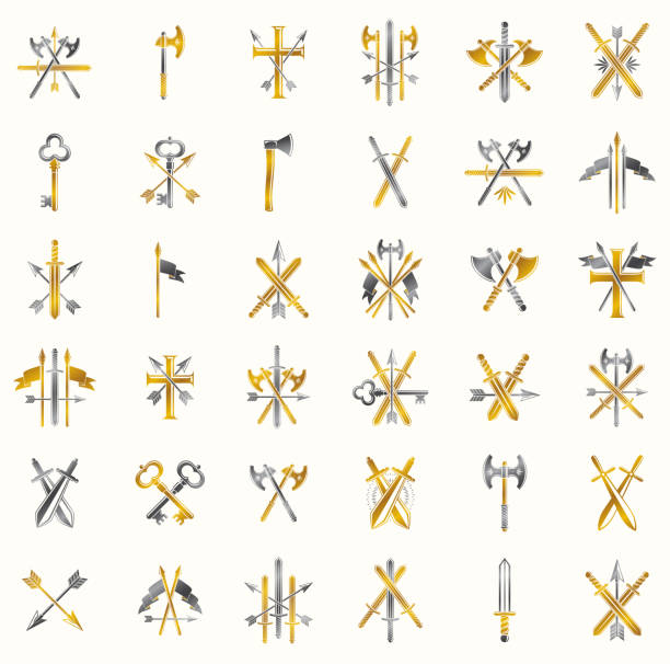 silah amblemleri vektör amblemleri büyük set, heraldic tasarım elemanları koleksiyonu, klasik tarzı heraldry cephanelik sembolleri, antika bıçaklar cephanelik kompozisyonlar. - arsenal stock illustrations