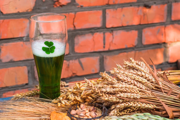 cerveza verde para el día de san patricio - mug beer barley wheat fotografías e imágenes de stock