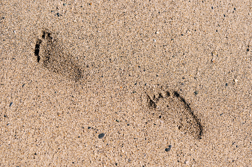 Footprints of baby on the sand beach in sunny day. Human footsteps at the sandy beautiful beach. Kids summer holidays activity concept. Copy space. Top view.