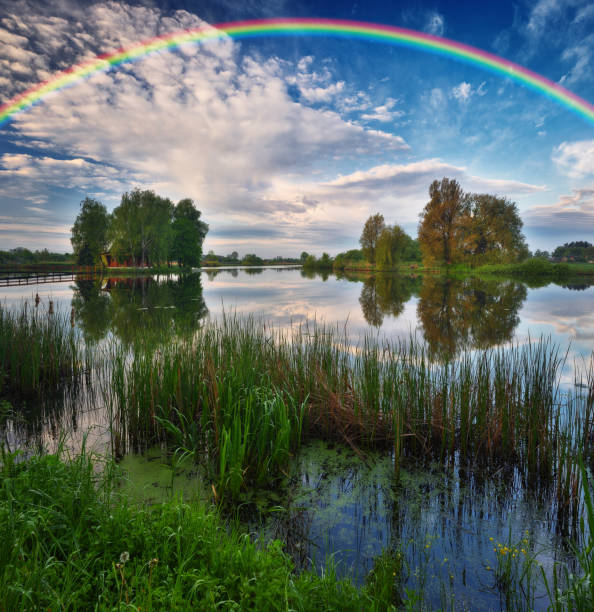istock Landscape with a Rainbow on the River in Spring. colorful morning 1298021550