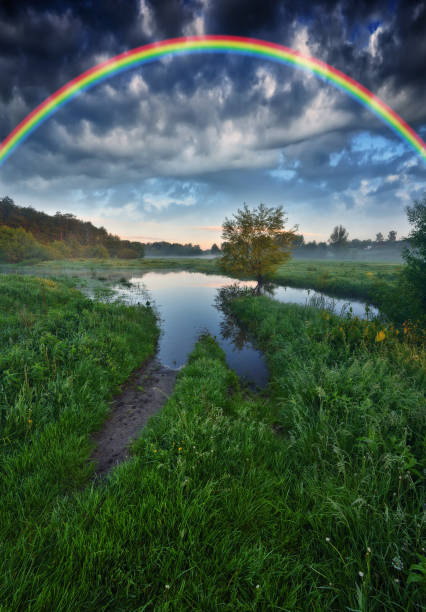 istock Landscape with a Rainbow on the River in Spring. colorful morning 1298021560