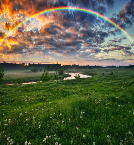 istock Landscape with a Rainbow on the River in Spring. colorful morning 1298021588