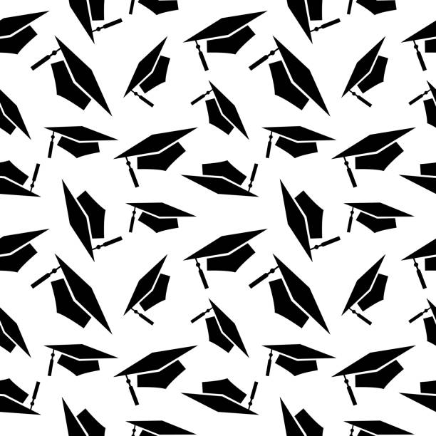 Black Graduation Caps Seamless Pattern Vector seamless pattern of graduation hats on a white background. graduation stock illustrations