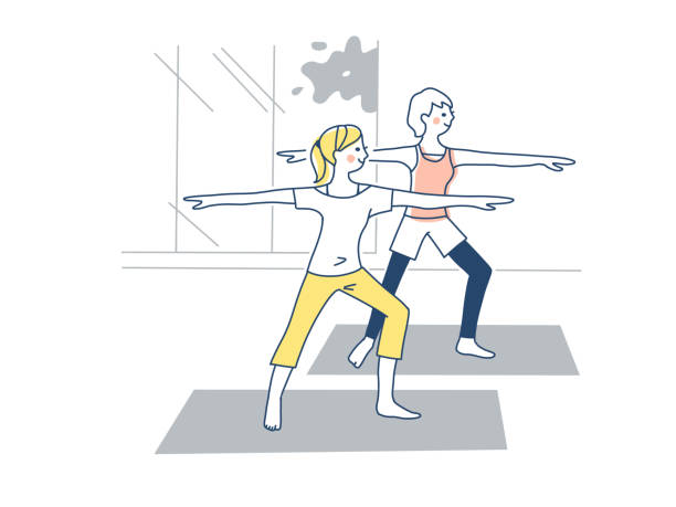 ilustrações de stock, clip art, desenhos animados e ícones de illustration of two women doing yoga - white background yoga exercising women