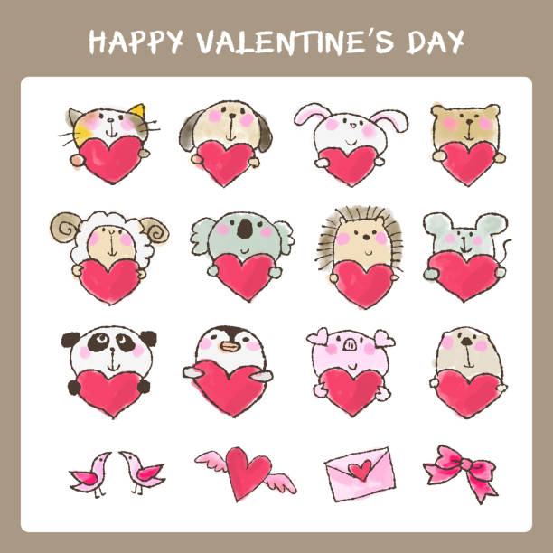 рука обращается день валентина милые животные и сердца набор - koala animal love cute stock illustrations