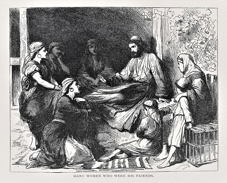 Jesus Christ enjoys the company of women, such as Mary and Martha, and loves children. Illustration published in The Life of Christ by Louise Seymour Houghton (American Tract Society: New York) in 1890. Copyright expired; artwork is in Public Domain. Digitally restored.