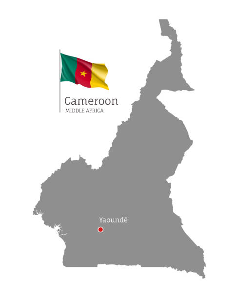 Silhouette of Cameroon country map Silhouette of Cameroon country map. Gray editable map with waving national flag and Yaounde city capital, Middle Africa country territory borders vector illustration on white background cameroon stock illustrations
