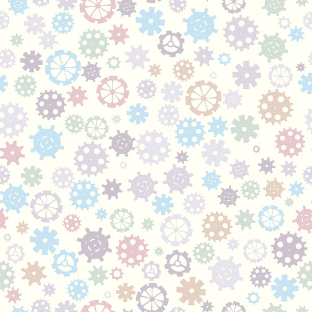 ilustrações de stock, clip art, desenhos animados e ícones de scattered sprocket-wheels, gear silhouettes seamless pattern, pastel colors. children's design. seamless pattern silhouette cut gears mechanical machine parts clock gearwheel. design for scrapbooking, business cards - straggling